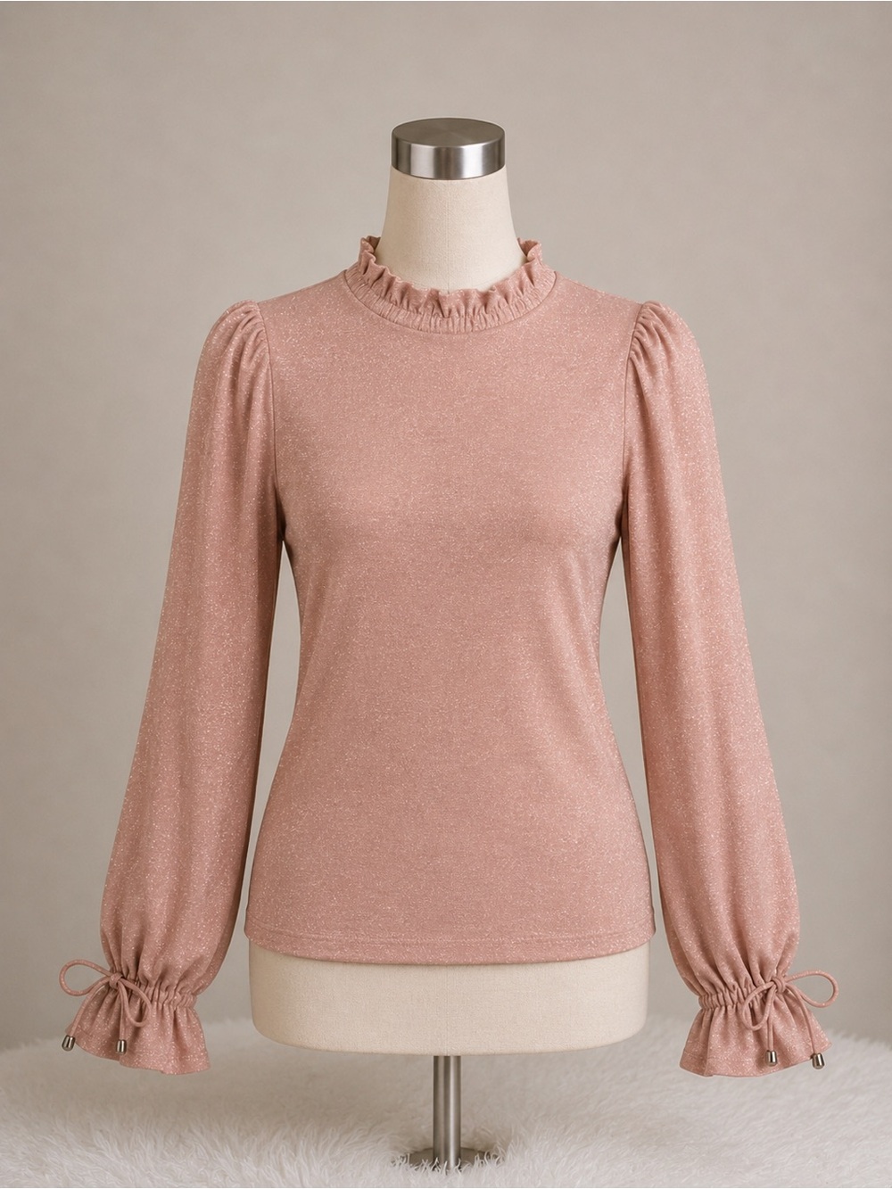Suzy Shier Shimmery Rose Long Sleeve Ruffle-Neck Top